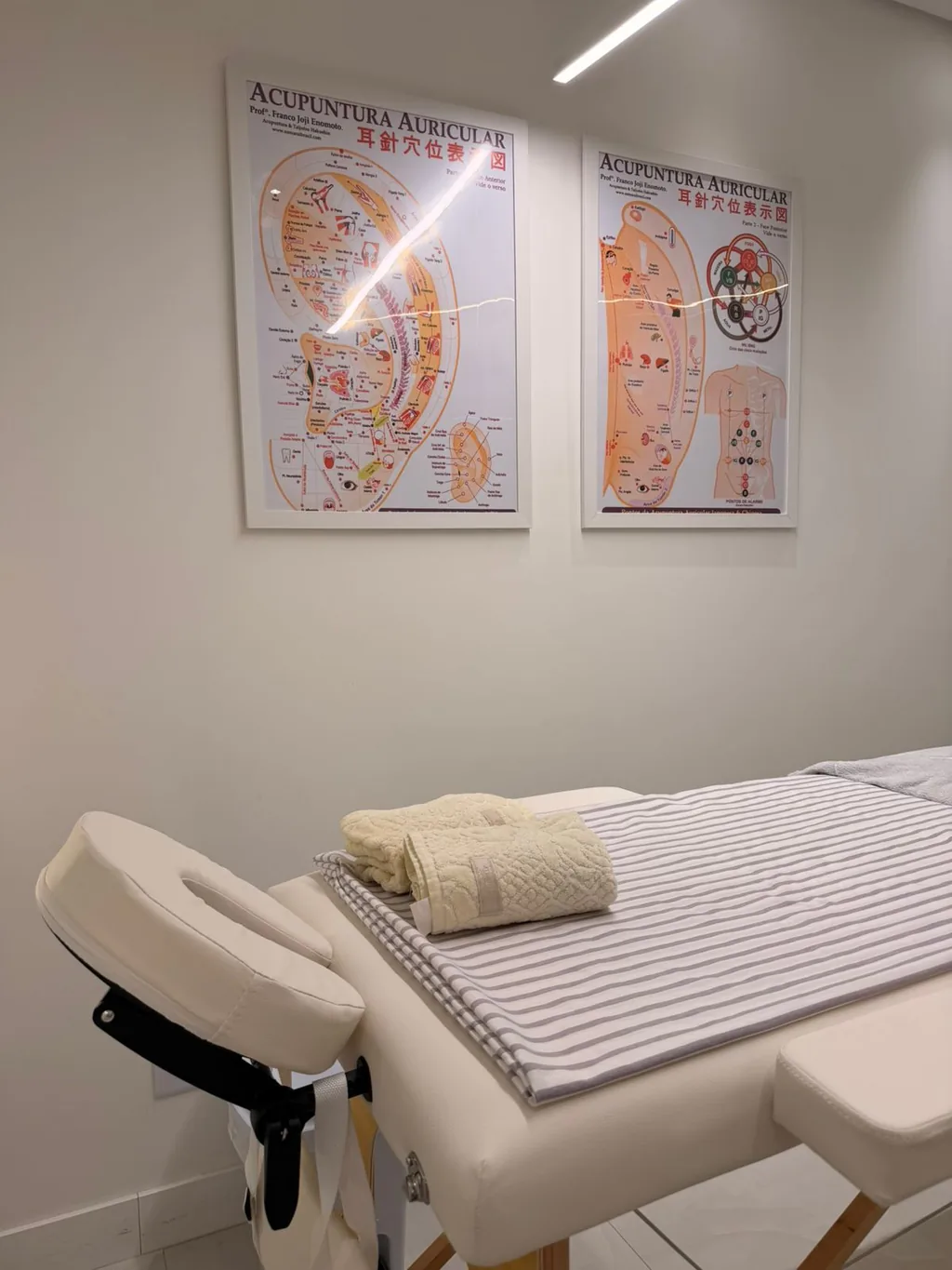 Maca de massagem com toalhas dobradas, sob os mapas de acupuntura auricular